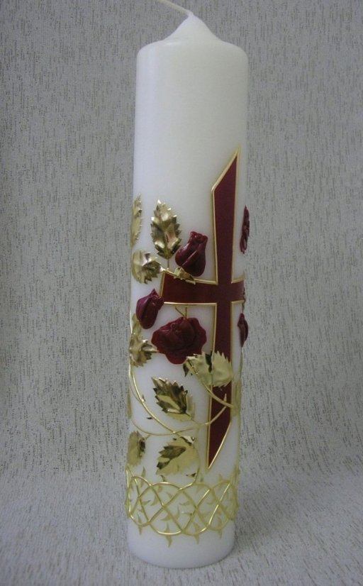 CM11 - Kříž a růže s trnovou korunou - Velikost svící: PV6 rozměr 29 x 6,5 cm medová