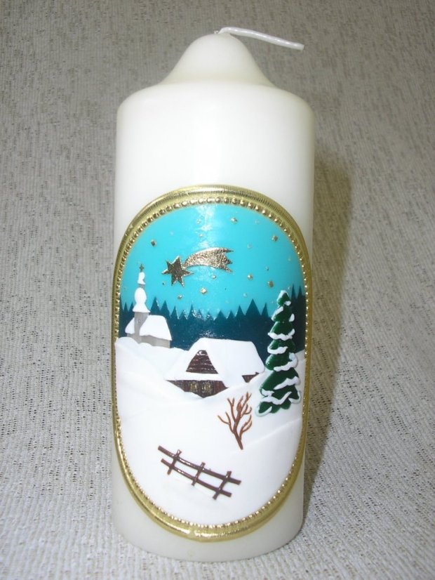 V32 - Vánoční - Zasněžená krajina - Velikost svící: vel. 4 rozměr 21 x 6,5 cm