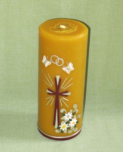 S29sv - Svatební - Kříž a květy - Velikost svící: PV5 rozměr 26 x 6,5 cm medová